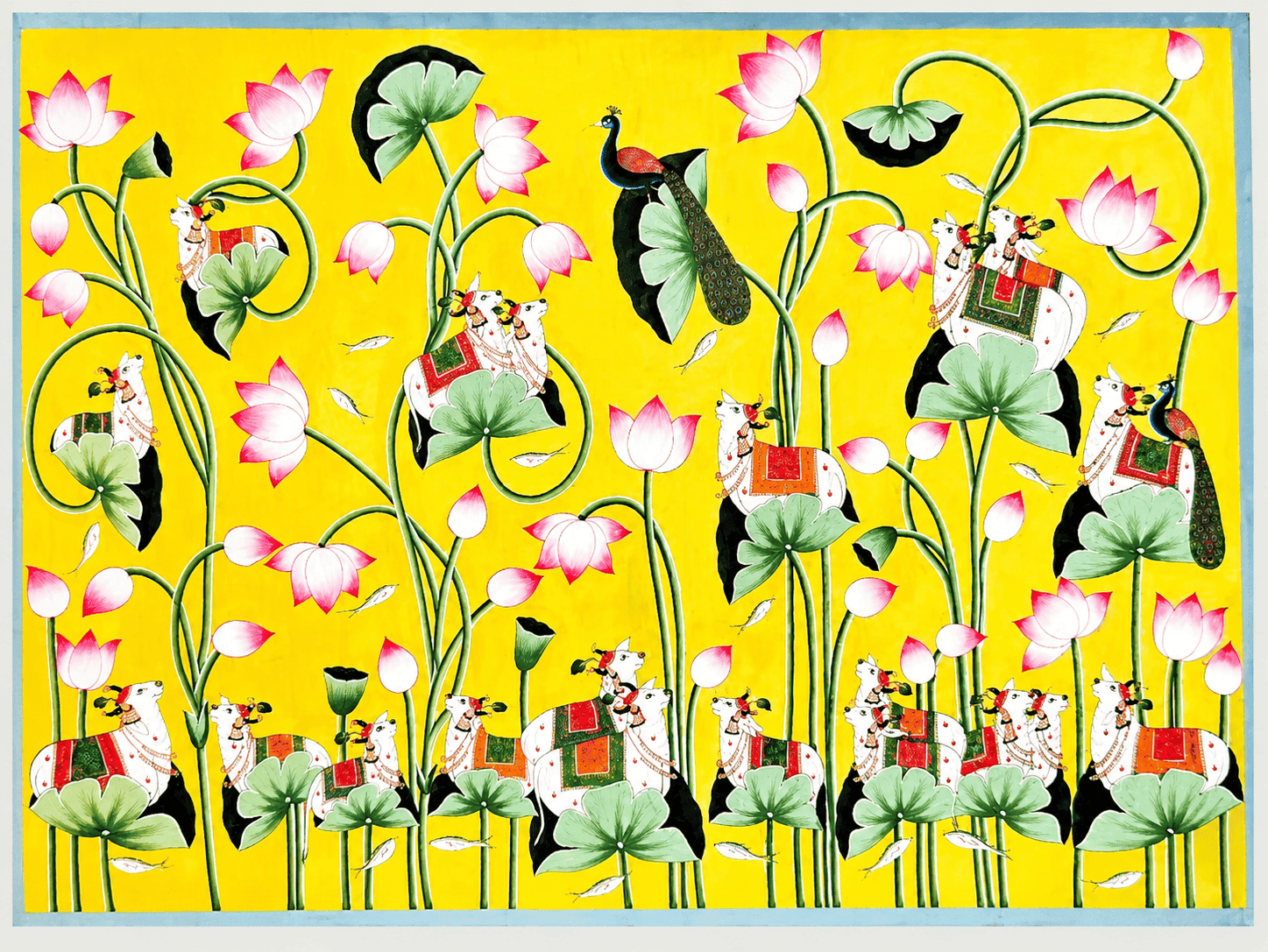 Lotus Pichwai Painting with Cows & Peacock